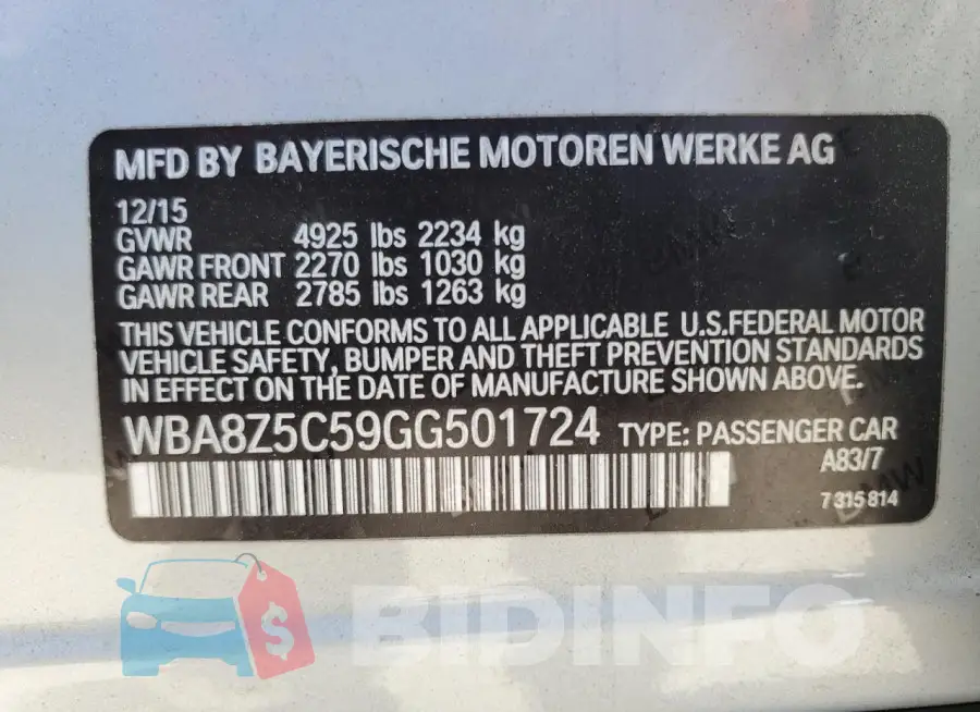 WBA8Z5C59GG501724 Photo# 12