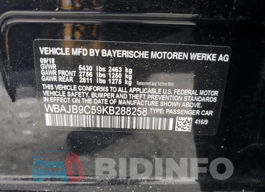 WBAJB9C59KB288258 Photo# 13
