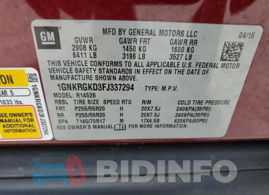 1GNKRGKD3FJ337294 Photo# 14