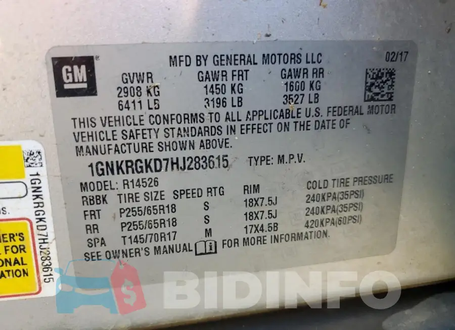 1GNKRGKD7HJ283615 Photo# 14