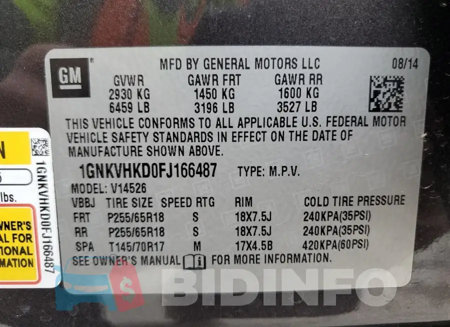 1GNKVHKD0FJ166487 Photo# 13