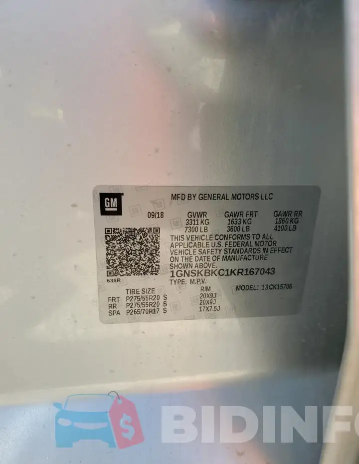 1GNSKBKC1KR167043 Photo# 13