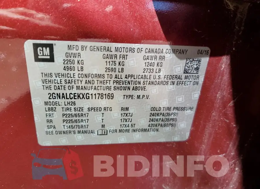 2GNALCEKXG1178169 Photo# 13