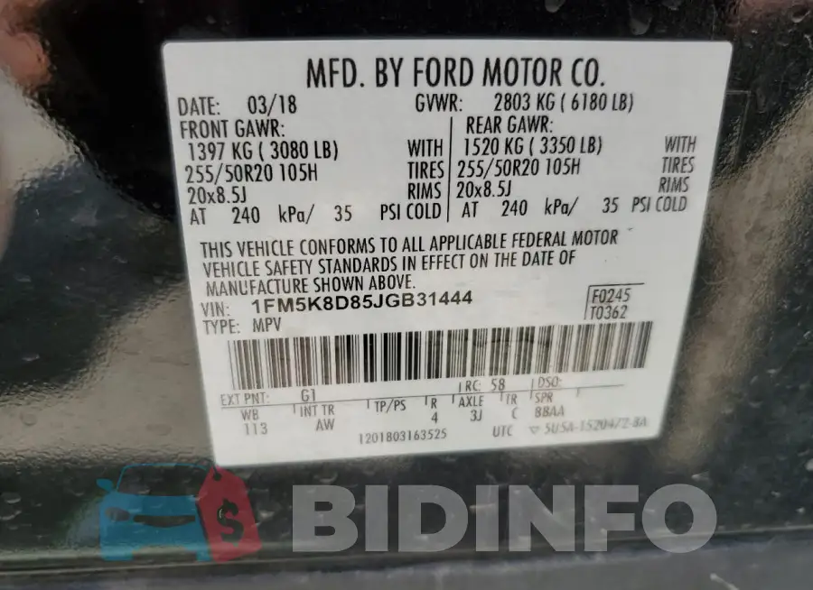 1FM5K8D85JGB31444 Photo# 13