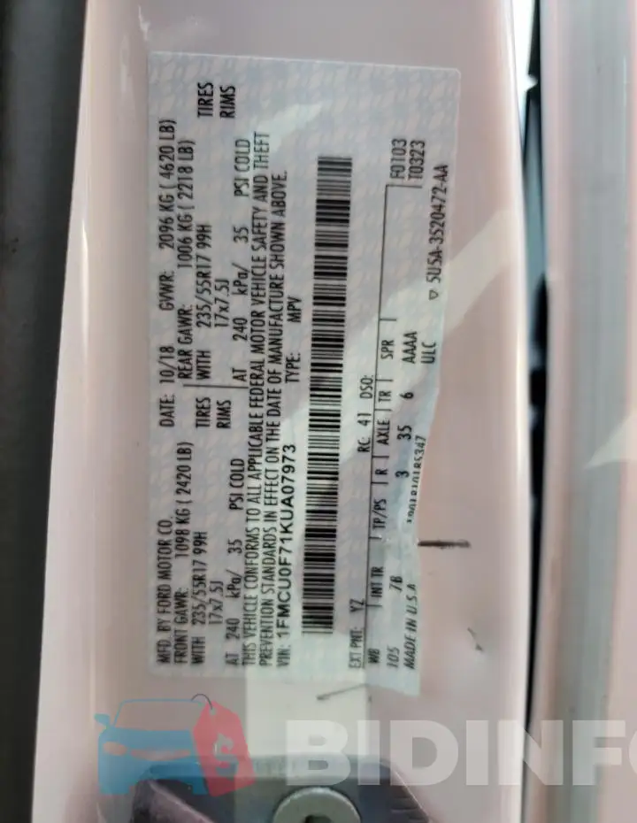 1FMCU0F71KUA07973 Photo# 14