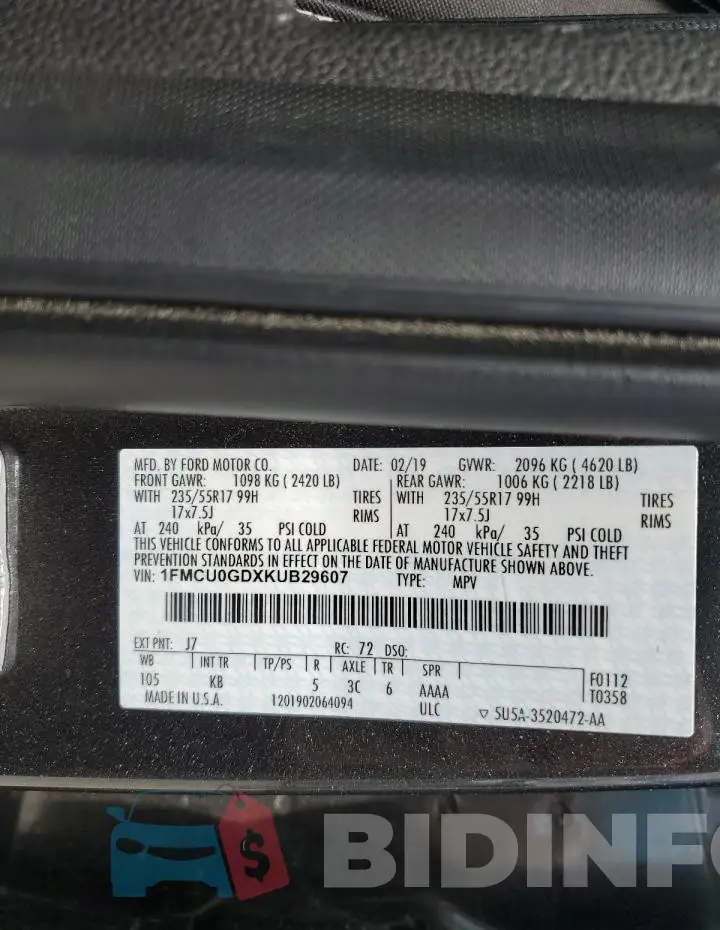 1FMCU0GDXKUB29607 Photo# 13