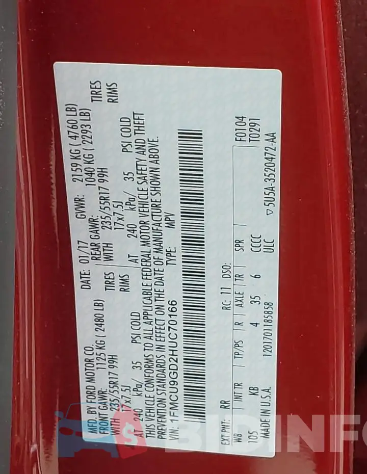 1FMCU9GD2HUC70166 Photo# 13