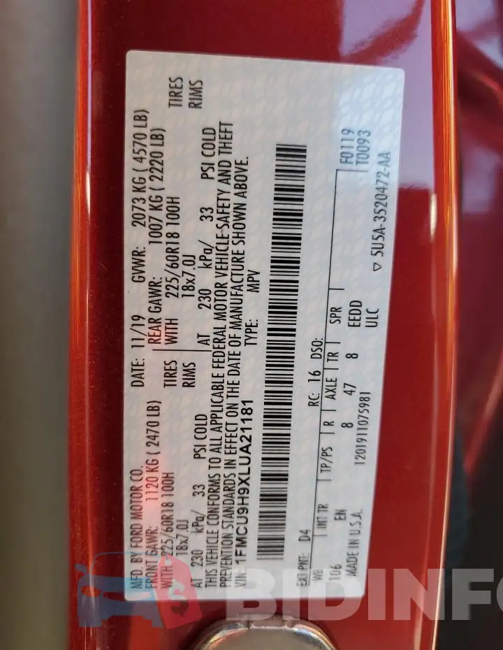 1FMCU9H9XLUA21181 Photo# 12