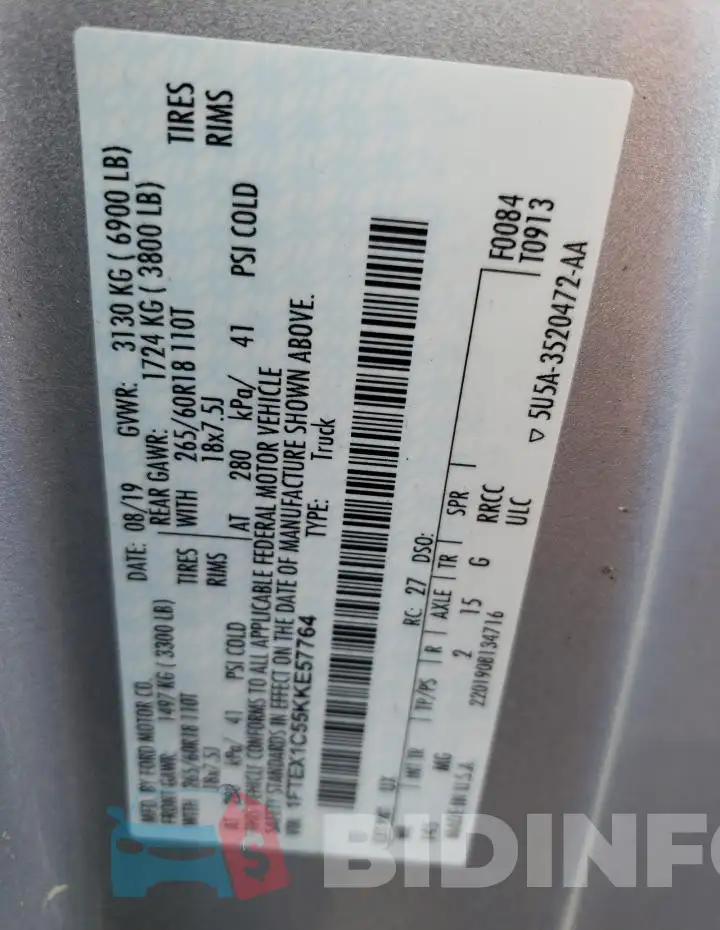 1FTEX1C55KKE57764 Photo# 12