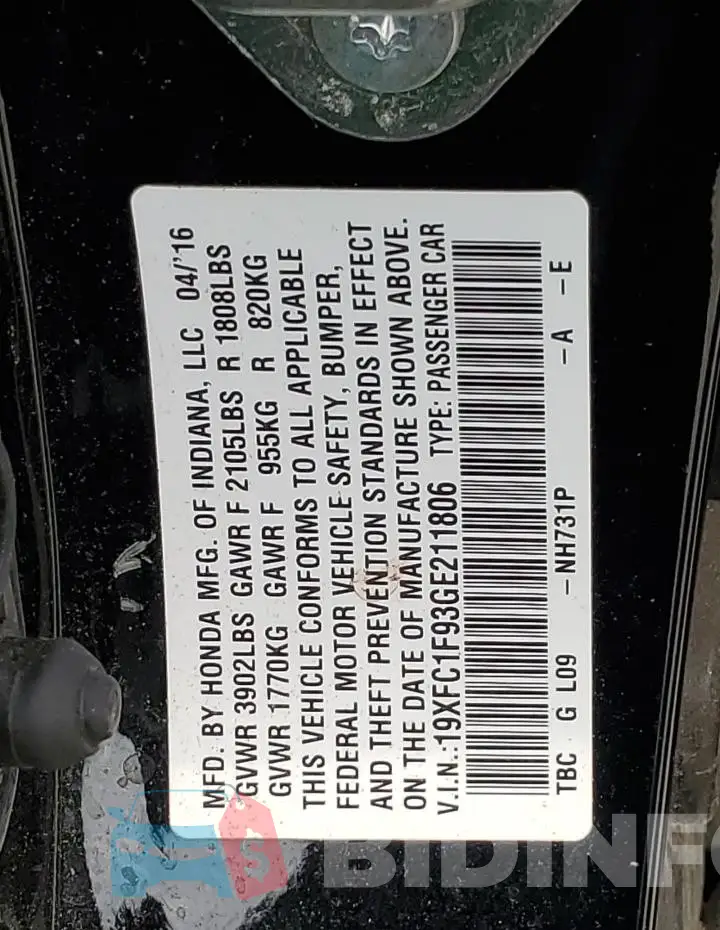 19XFC1F93GE211806 Photo# 12