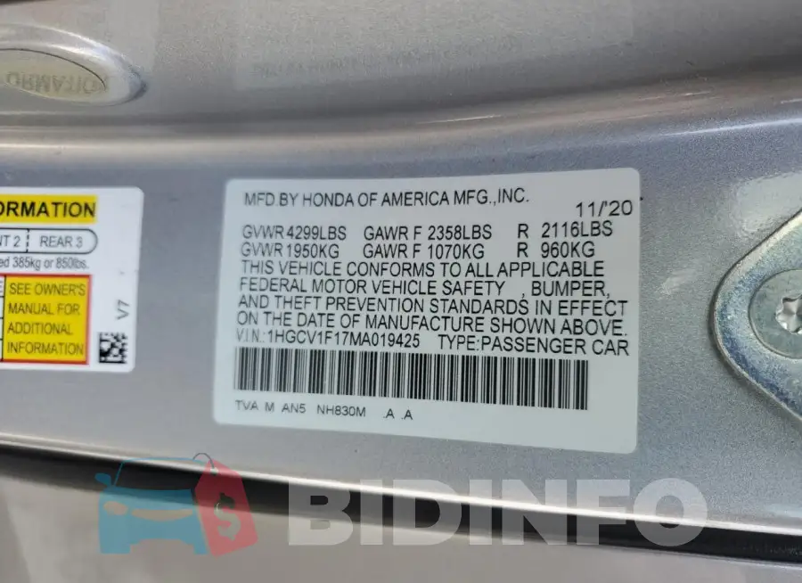 1HGCV1F17MA019425 Photo# 12