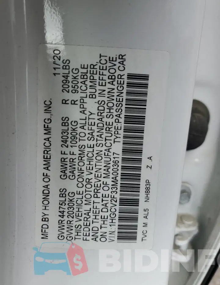 1HGCV2F33MA003617 Photo# 12
