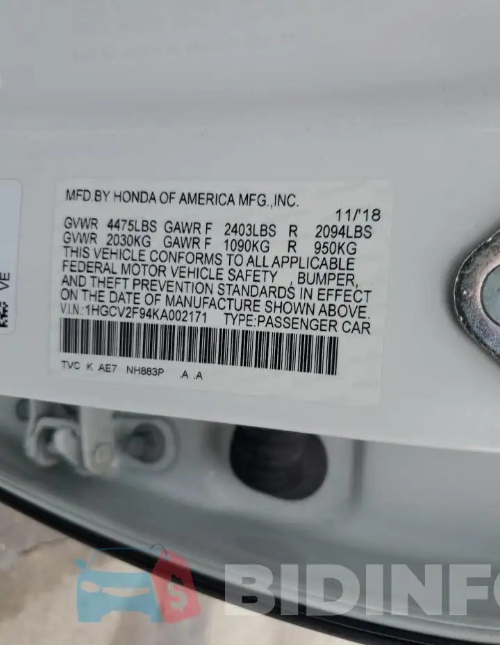 1HGCV2F94KA002171 Photo# 12