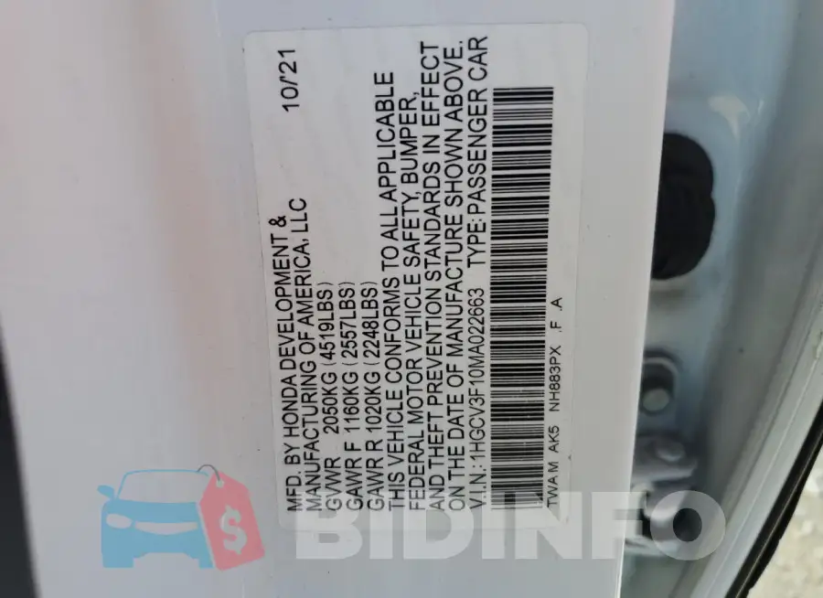 1HGCV3F10MA022663 Photo# 12