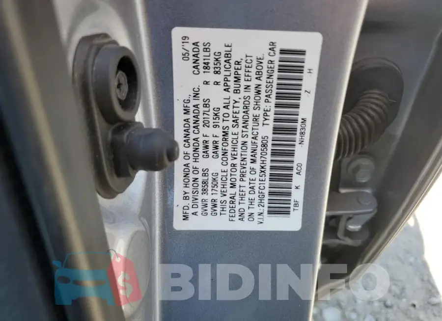 2HGFC1E5XKH705805 Photo# 12
