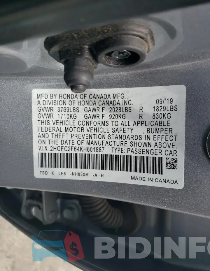 2HGFC2F64KH601887 Photo# 12