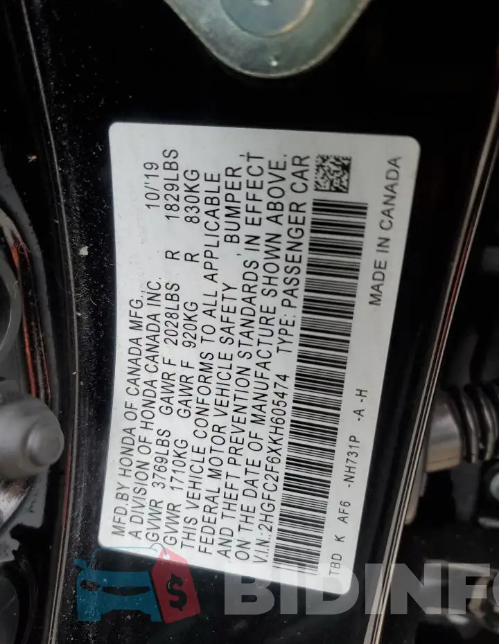 2HGFC2F6XKH605474 Photo# 12