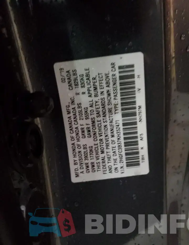 2HGFC3B37KH352471 Photo# 12