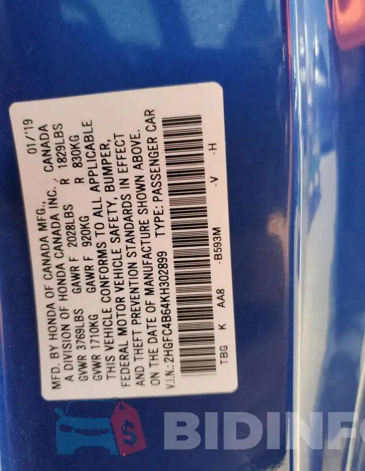 2HGFC4B64KH302899 Photo# 13