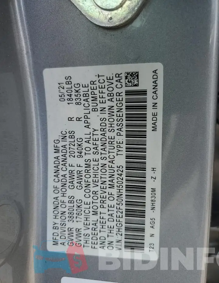 2HGFE2F50NH502425 Photo# 13