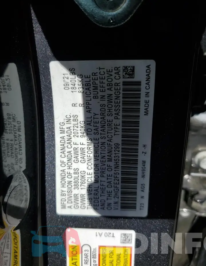 2HGFE2F51NH531299 Photo# 12