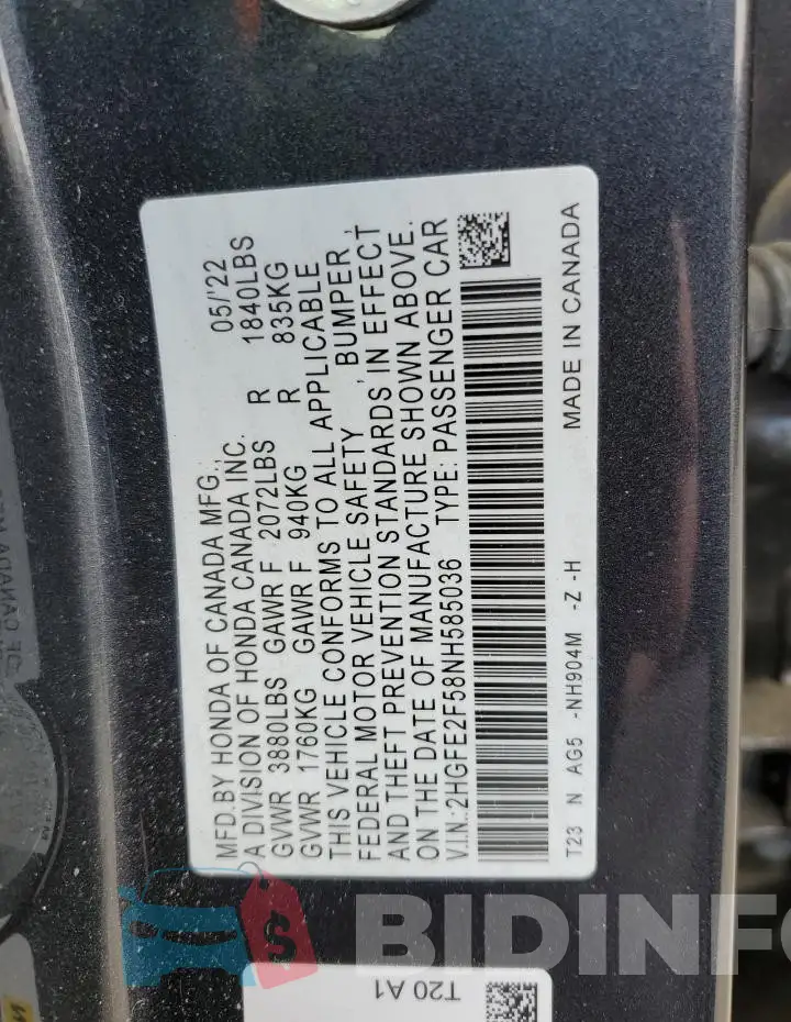 2HGFE2F58NH585036 Photo# 12