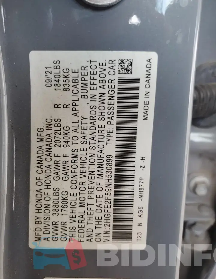 2HGFE2F59NH530899 Photo# 12