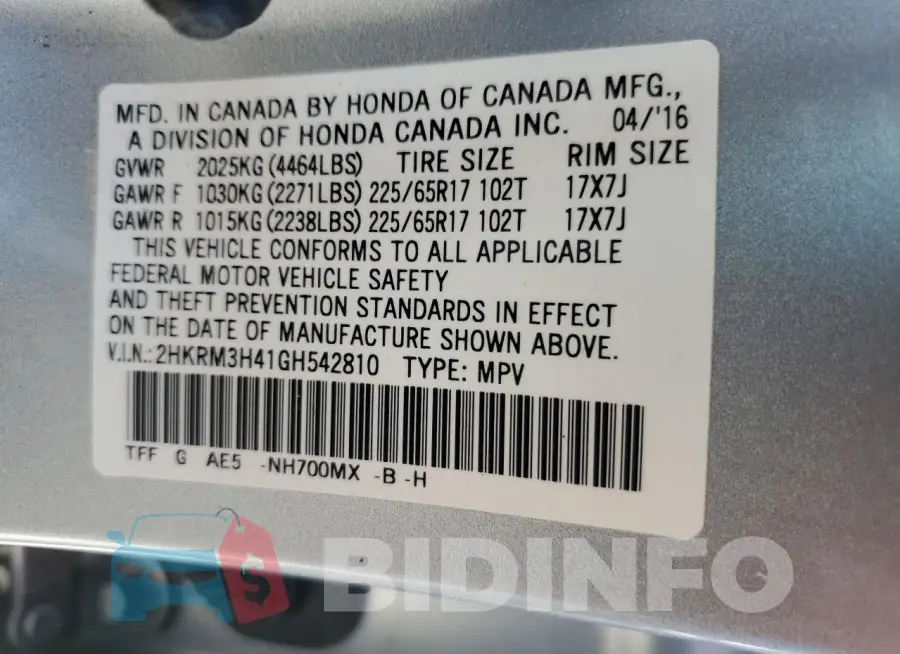 2HKRM3H41GH542810 Photo# 14