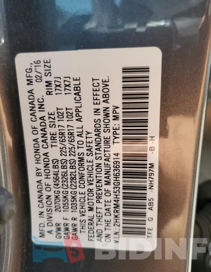 2HKRM4H53GH636914 Photo# 14