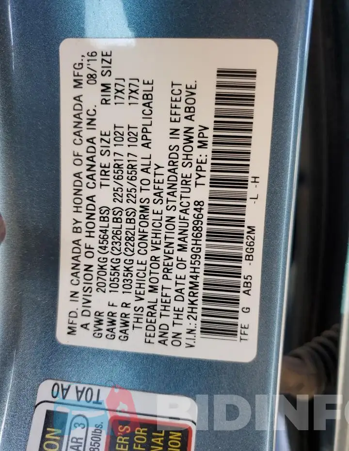 2HKRM4H59GH689648 Photo# 13