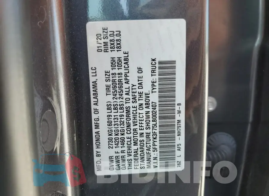 5FPYK3F75LB002407 Photo# 12