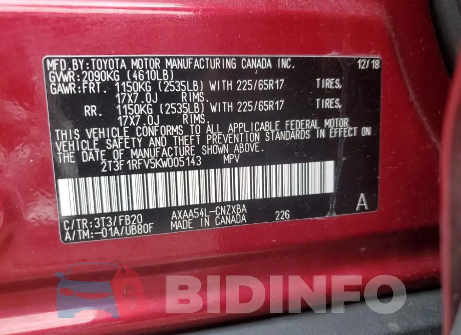 2T3F1RFV5KW005143 Photo# 13