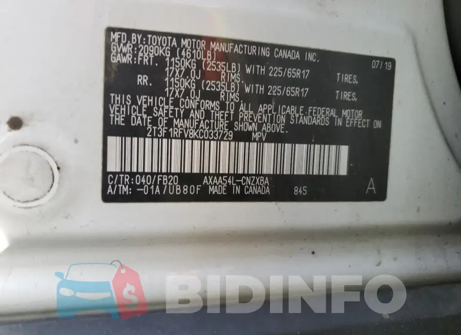 2T3F1RFV8KC033729 Photo# 12