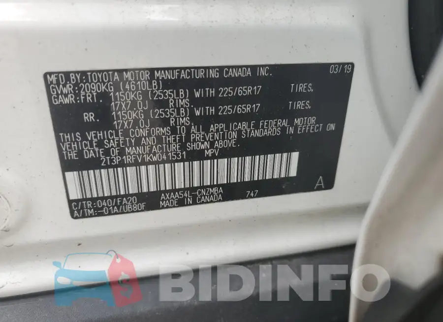 2T3P1RFV1KW041531 Photo# 14