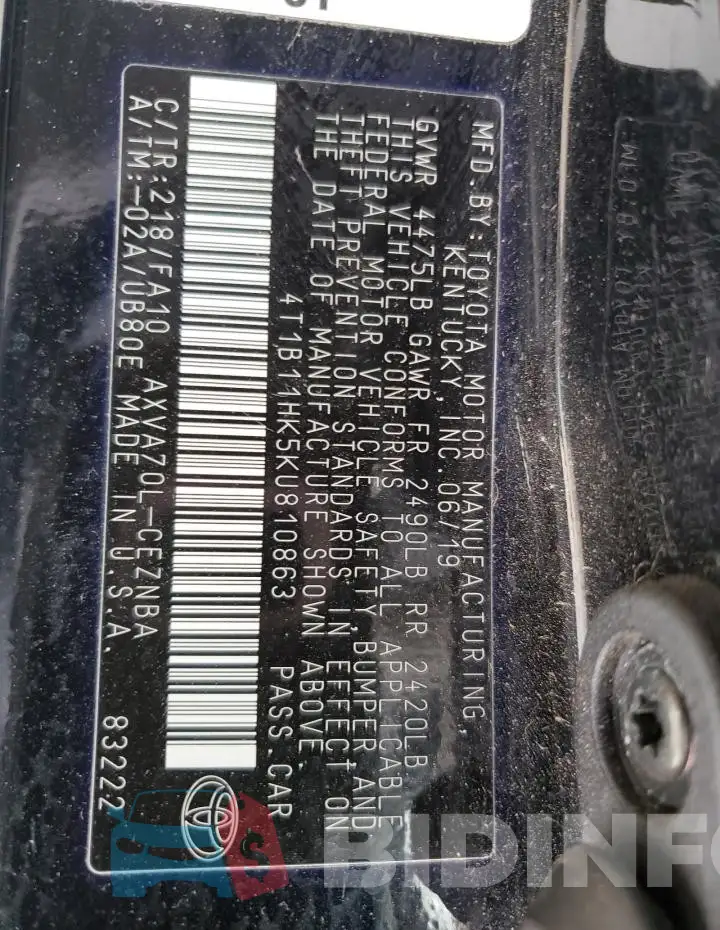 4T1B11HK5KU810863 Photo# 12