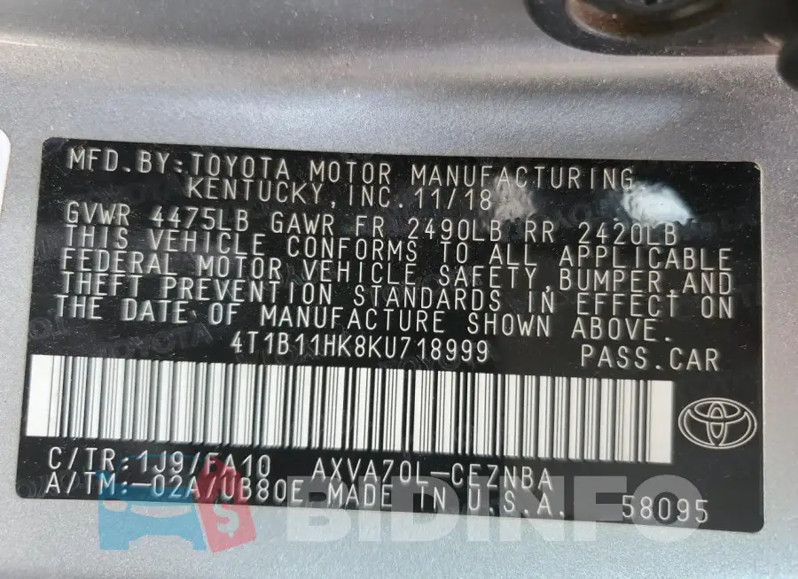 4T1B11HK8KU718999 Photo# 13