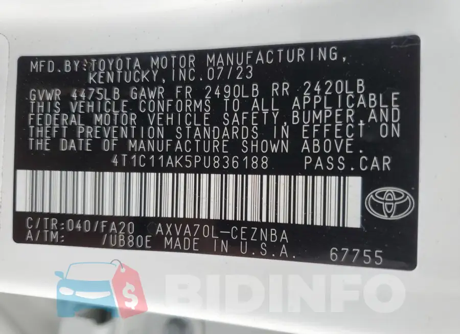 4T1C11AK5PU836188 Photo# 12