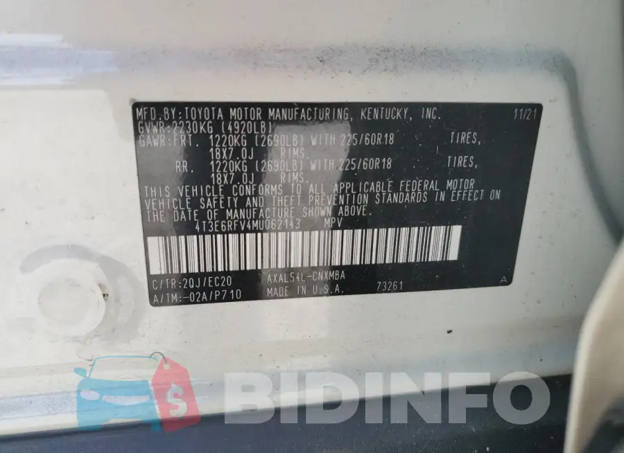 4T3E6RFV4MU062143 Photo# 13