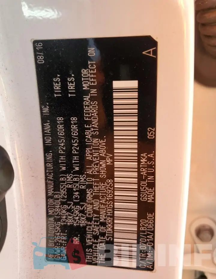 5TDKKRFHXGS169258 Photo# 14
