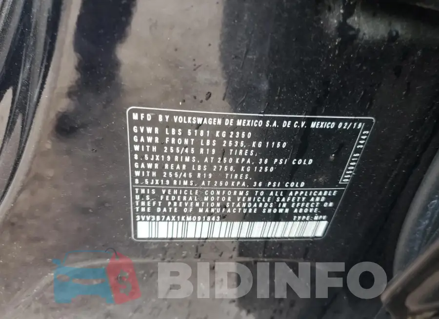 3VV3B7AX1KM091843 Photo# 13