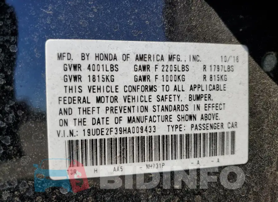 19UDE2F39HA009433 Photo# 12