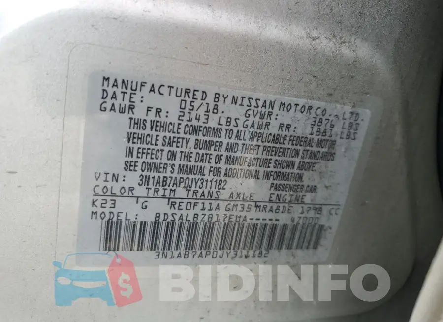 3N1AB7AP0JY311182 Photo# 12