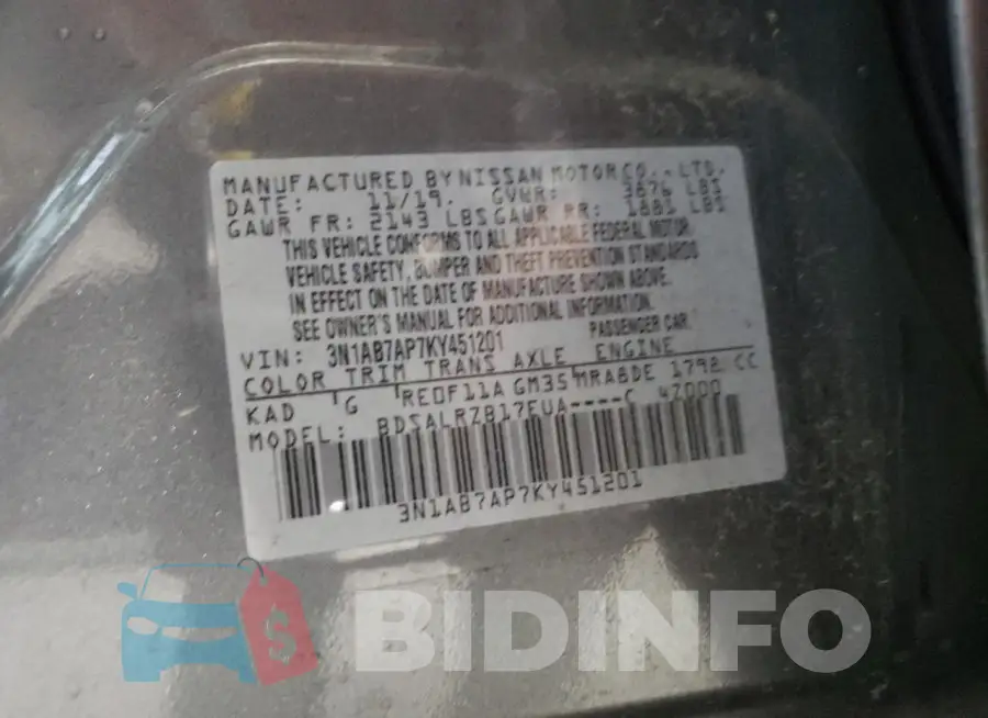 3N1AB7AP7KY451201 Photo# 13