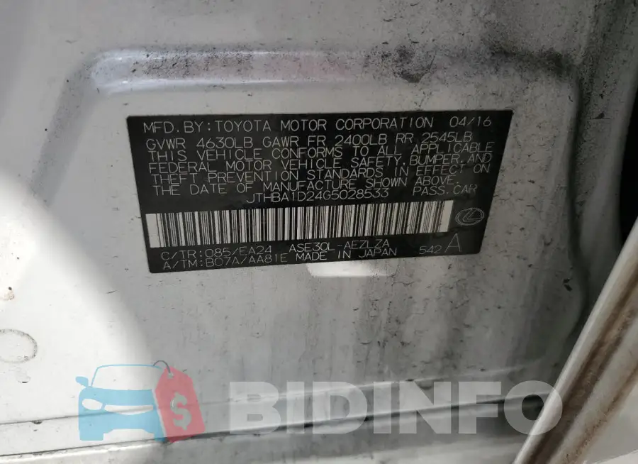JTHBA1D24G5028533 Photo# 12