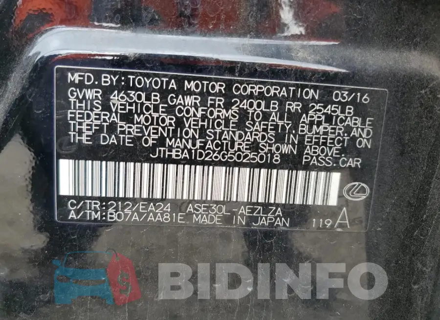 JTHBA1D26G5025018 Photo# 12