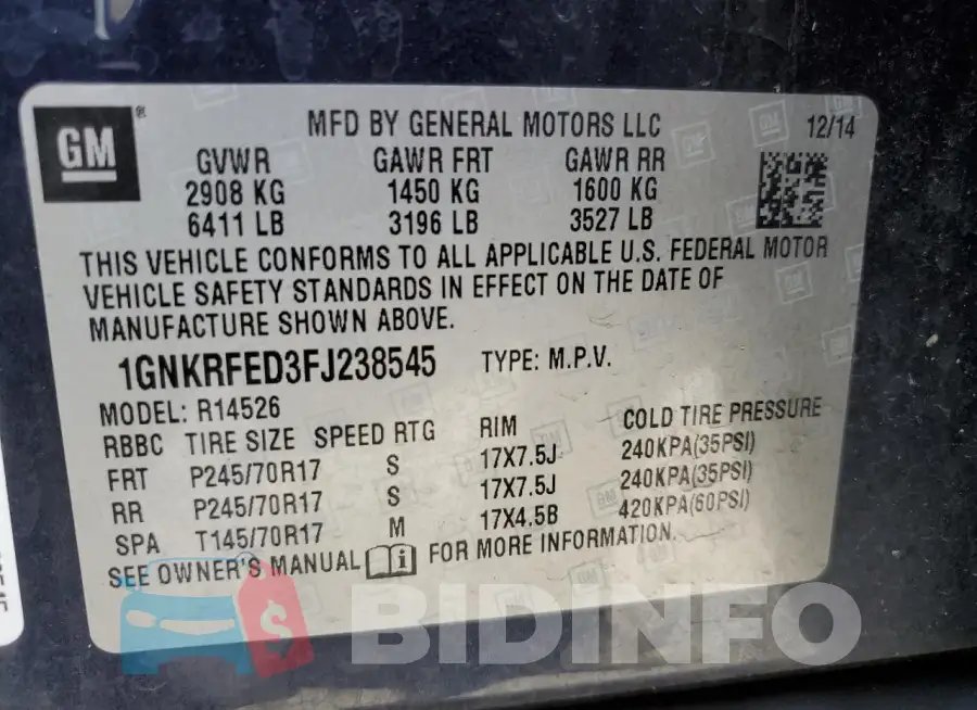 1GNKRFED3FJ238545 Photo# 14