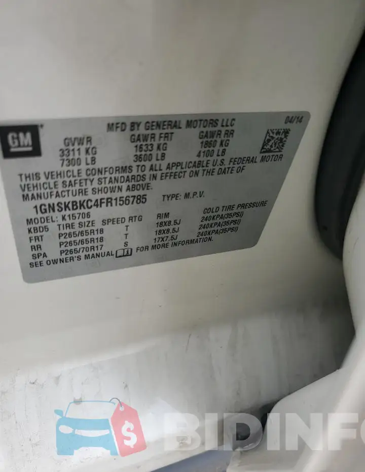 1GNSKBKC4FR156785 Photo# 12