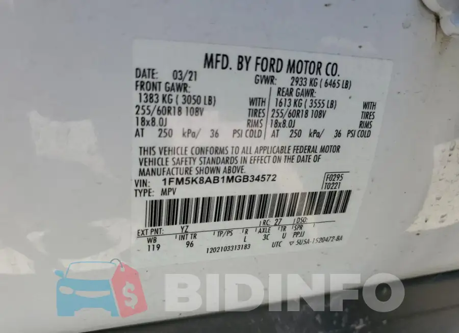 1FM5K8AB1MGB34572 Photo# 13