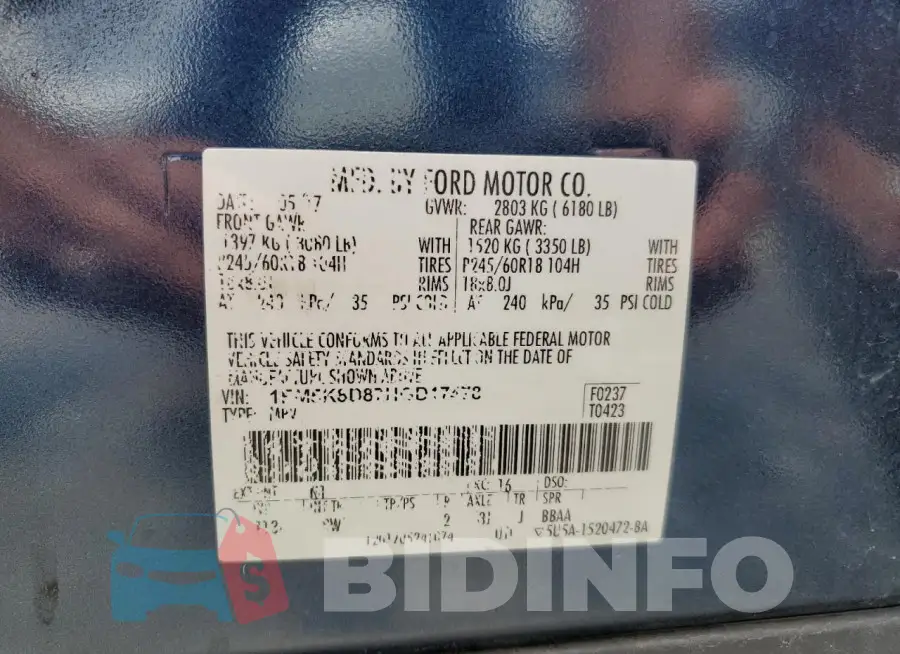 1FM5K8D87HGD17478 Photo# 14