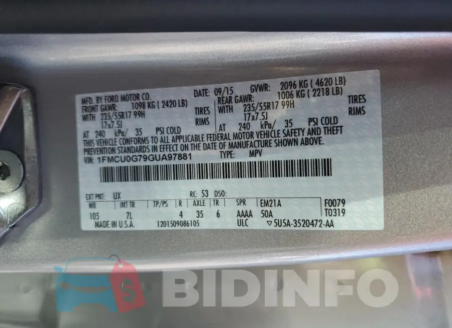 1FMCU0G79GUA97881 Photo# 12